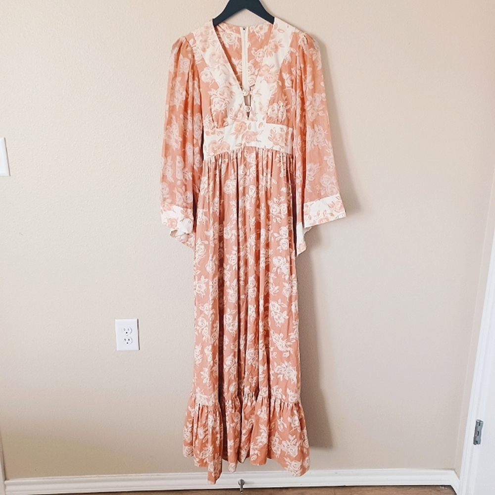 Vintage Maxi Dress Floral Ruffle Babydoll Pink White Delicate Boho Cotton Formal
